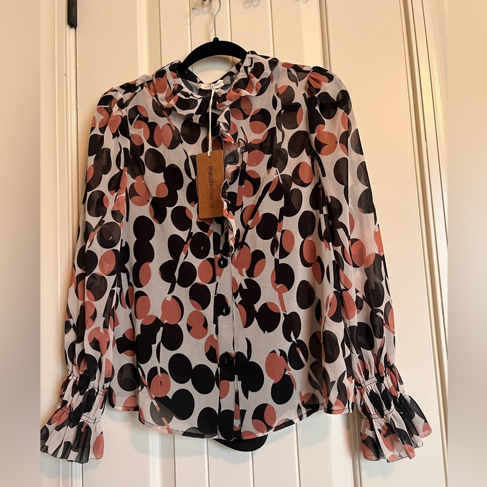 NWT Maude Vivante Clara Geo Circles Sheer‎ Blouse XS Brown Black Tan